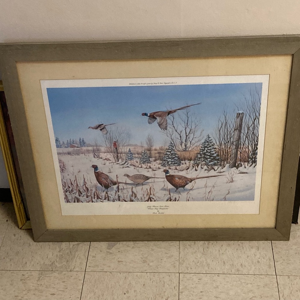 Framed Winter Landscape Painting Featuring Pheasants